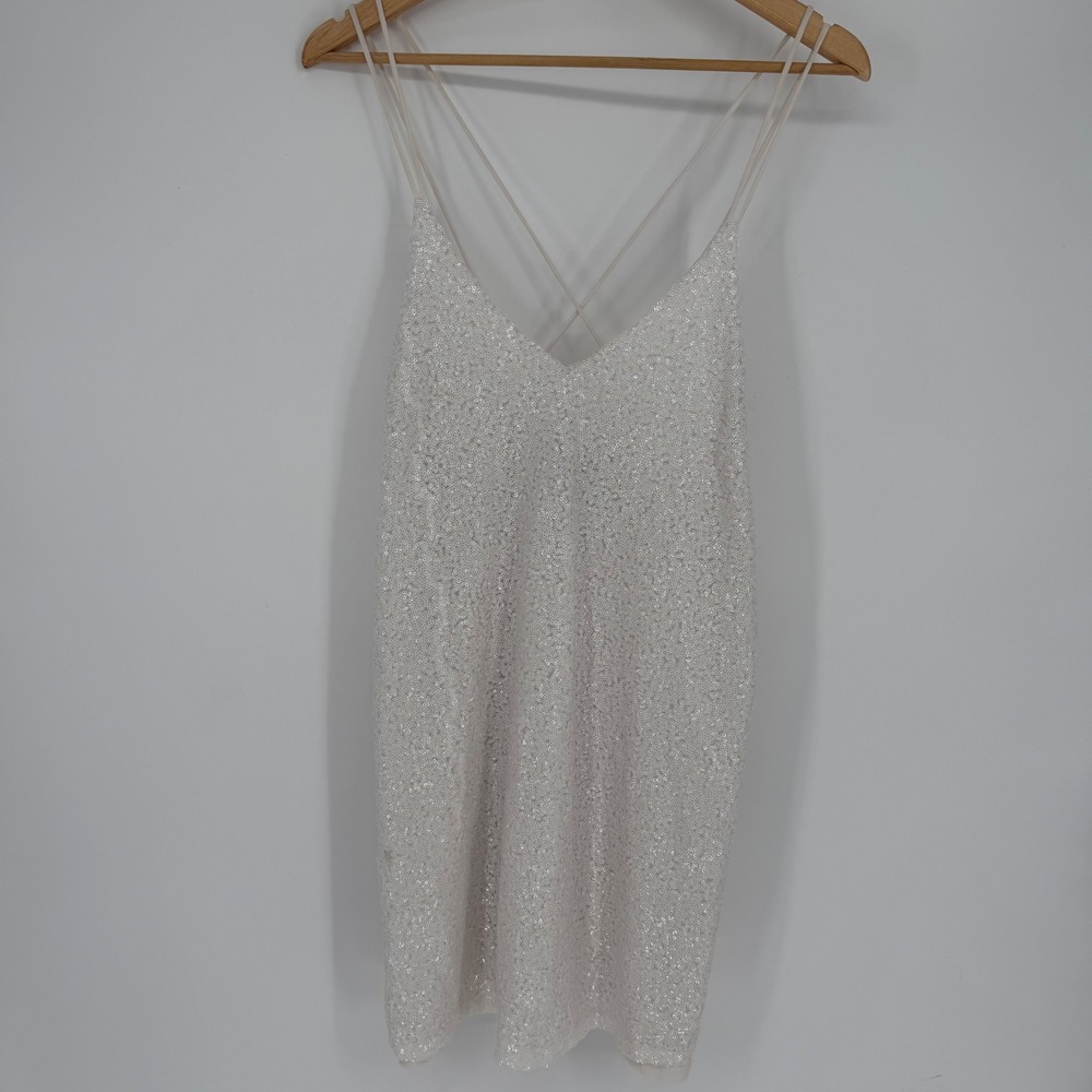 Shinestar Sequin V-Neck Slip Dress Top with Crisscross Straps Womens Large